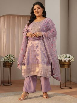 Extra love by Libas - Plus Size Lavender Floral Woven Design Straight Kurta with Pant & Dupatta