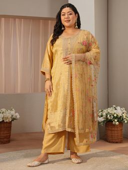 Extra love by Libas - Plus Size Yellow Floral Woven Design Straight Kurta with Pant & Dupatta