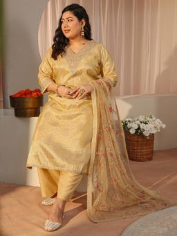 Extra love by Libas - Plus Size Yellow Floral Woven Design Straight Kurta with Pant & Dupatta