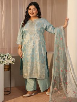Extra love by Libas - Plus Size Sea Blue Ethnic Straight Kurta with Pant & Dupatta