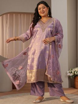 Extra love by Libas - Plus Size Lavender Floral Woven Design Straight Kurta with Pant & Dupatta