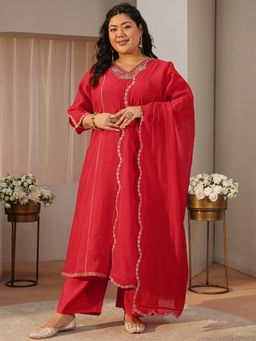 Extra love by Libas - Plus Size Red Zari Embellished Solid A-Line Kurta with Pant & Dupatta