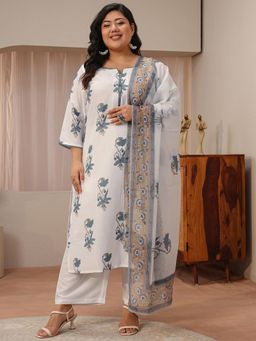 Extra love by Libas - White Floral Printed Straight Kurta with Pant & Dupatta