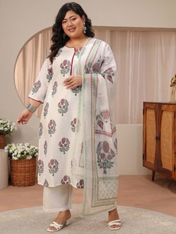 Extra love by Libas - White Floral Printed Straight Kurta with Palazzo & Dupatta