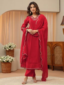 Libas - Red Zari Embellished Solid A-Line Kurta with Pant & Dupatta