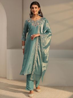 Libas - Blue Floral Embroidered Straight Kurta with Pant & Dupatta