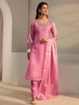 Libas - Pink Floral Zari Embroidered Straight Kurta with Pant & Dupatta