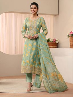 Libas - Green Floral Printed Straight Kurta with Pant & Dupatta