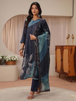Libas - Blue Striped Floral Printed Straight Kurta with Pant & Dupatta