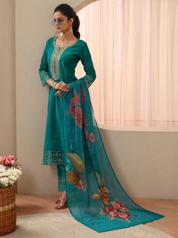 Libas - Teal Ethnic Motif Zari Embroidered Straight Kurta with Pant & Dupatta