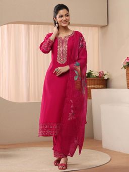 Libas - Pink Ethnic Motif Zari Embroidered Pink Straight Kurta with Pant & Dupatta