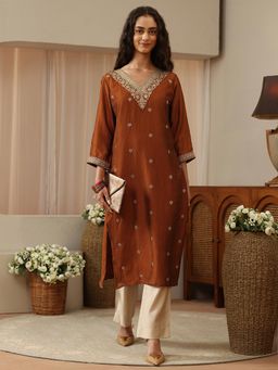 Libas - Brown Embroidered Straight Kurta