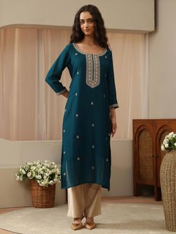 Libas - Teal Ethnic Motif Zari Embroidered Straight Kurta