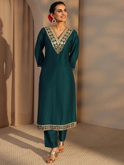 Libas - Teal Mirror Work Yoke Design Straight Kurta with Pant & Dupatta
