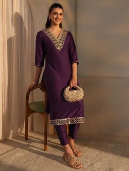 Libas - Purple Mirror Work Yoke Design Straight Kurta with Pant & Dupatta