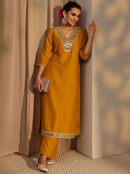Libas - Mustard Mirror Work Yoke Design Straight Kurta with Pant & Dupatta
