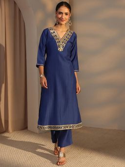 Libas - Blue Mirror Work Yoke Design Straight Kurta with Pant & Dupatta