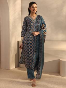 Gerua By Libas - Blue Ethnic Motif Printed Straight Kurta with Pant & Dupatta