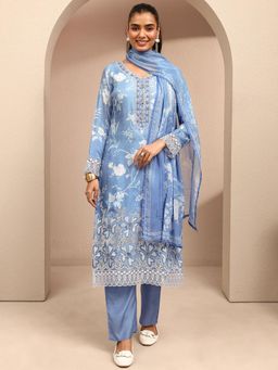 Libas Art - Blue Floral Printed Schiffli Kurta with Pant & Dupatta (M)