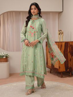 Libas Art - Green Floral Embroidered Panelled Kurta with Palazzo & Dupatta