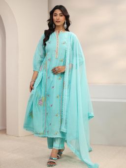 Libas - Blue Floral Embroidered A-Line Flared Kurta with Palazzo & Dupatta