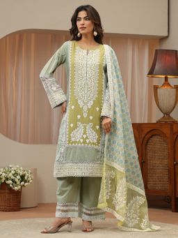 Libas - Green Floral Embroidered Panelled Kurta with Palazzo & Dupatta