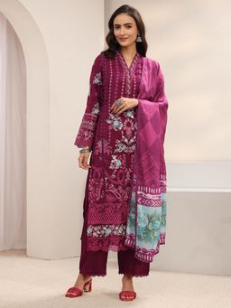 Libas - Magenta Floral Embroidered Schiffli Kurta with Palazzo & Dupatta