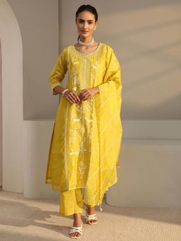 Libas Art - Yellow Tribal Embroidered Straight Kurta with Pant & Dupatta
