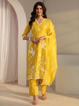 Libas Art - Yellow Floral Embroidered Straight Kurta with Pant & Dupatta