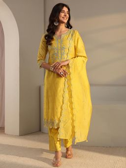 Libas Art - Yellow Floral Embroidered Straight Kurta with Pant & Dupatta