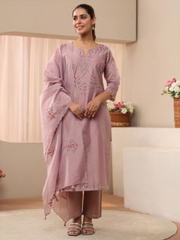 Libas Art - Lavender Floral Embroidered Straight Kurta with Pant & Dupatta
