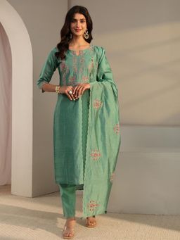 Libas Art - Green Floral Embroidered Straight Kurta with Pant & Dupatta