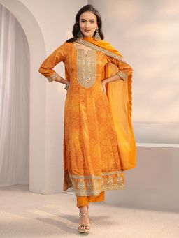 Libas - Orange Bandhani Printed Anarkali with Pant & Dupatta