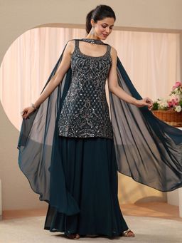 Libas Art - Teal Floral Embellished Kurta with Palazzo & Dupatta