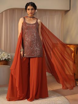Libas Art - Rust Embellished Design Kurta with Palazzo & Dupatta
