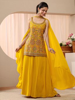 Libas Art - Mustard Floral Embroidered Kurta with Palazzo & Dupatta