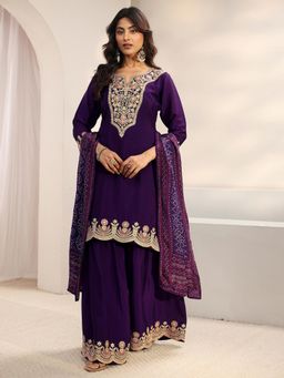 Libas Art - Purple Floral Embroidered Kurta with Sharara & Dupatta