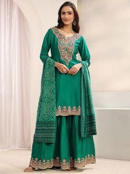 Libas Art - Green Floral Embroidered Kurta with Sharara & Dupatta