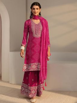 Libas Art - Pink Bandhani Printed Straight Kurta with Palazzo & Dupatta