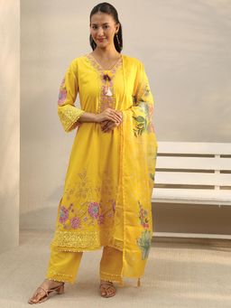 Libas - Mustard Floral Embroidered A-Line Schiffli Kurta with Pant & Dupatta