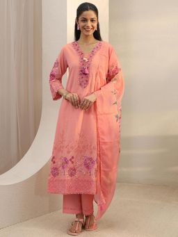Libas - Peach Floral Embroidered A-Line Schiffli Kurta with Pant & Dupatta