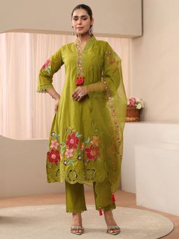 Libas - Green Floral Embroidered A-Line Kurta with Pant & Dupatta