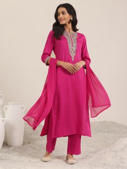 Extra love by Libas - Pink Yoke Embellished Straight Kurta with Pant & Dupatta