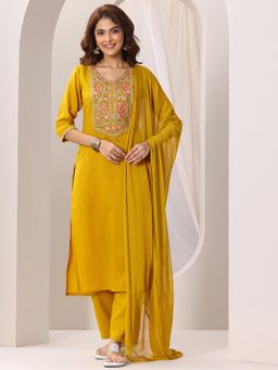 Extra love by Libas - Yellow Sequinned Embellished Straight Kurta with Pant & Dupatta