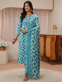 Gerua By Libas - Blue Ethnic Motif Printed Straight Kurta with Pant & Dupatta