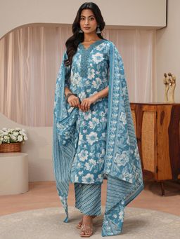 Gerua By Libas - Blue Floral Printed Straight Kurta with Pant & Dupatta