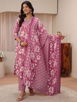 Gerua By Libas - Pink Floral Printed Straight Kurta with Pant & Dupatta