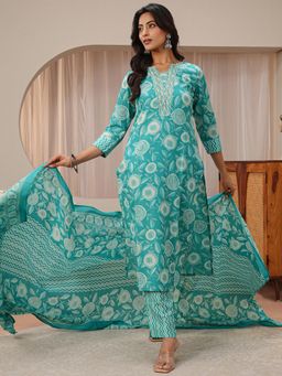 Gerua By Libas - Blue Floral Printed Straight Kurta with Pant & Dupatta