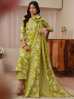 Gerua By Libas - Green Floral Printed Straight Kurta with Pant & Dupatta