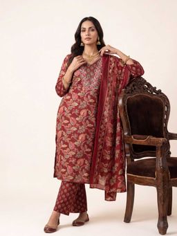Gerua By Libas - Maroon Floral Printed Straight Kurta with Pant & Dupatta